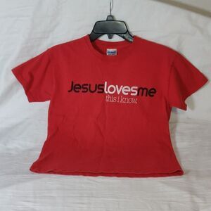 Gildan Jesus Loves Me‎ Red Short Sleeve T-Shirt Size M